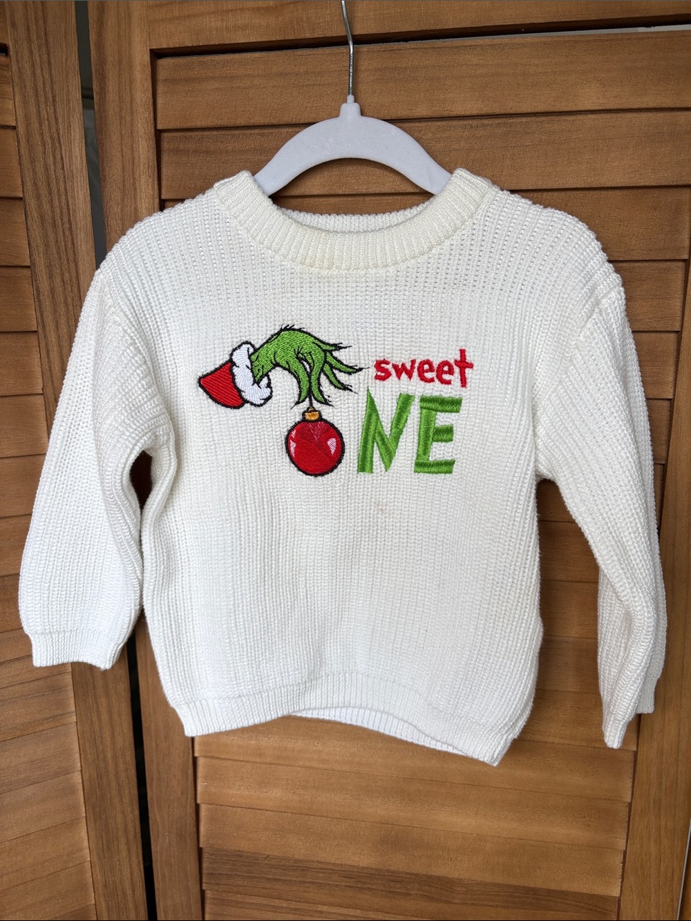 Sweet One Grinch-Embroidered Cream Kids Sweater